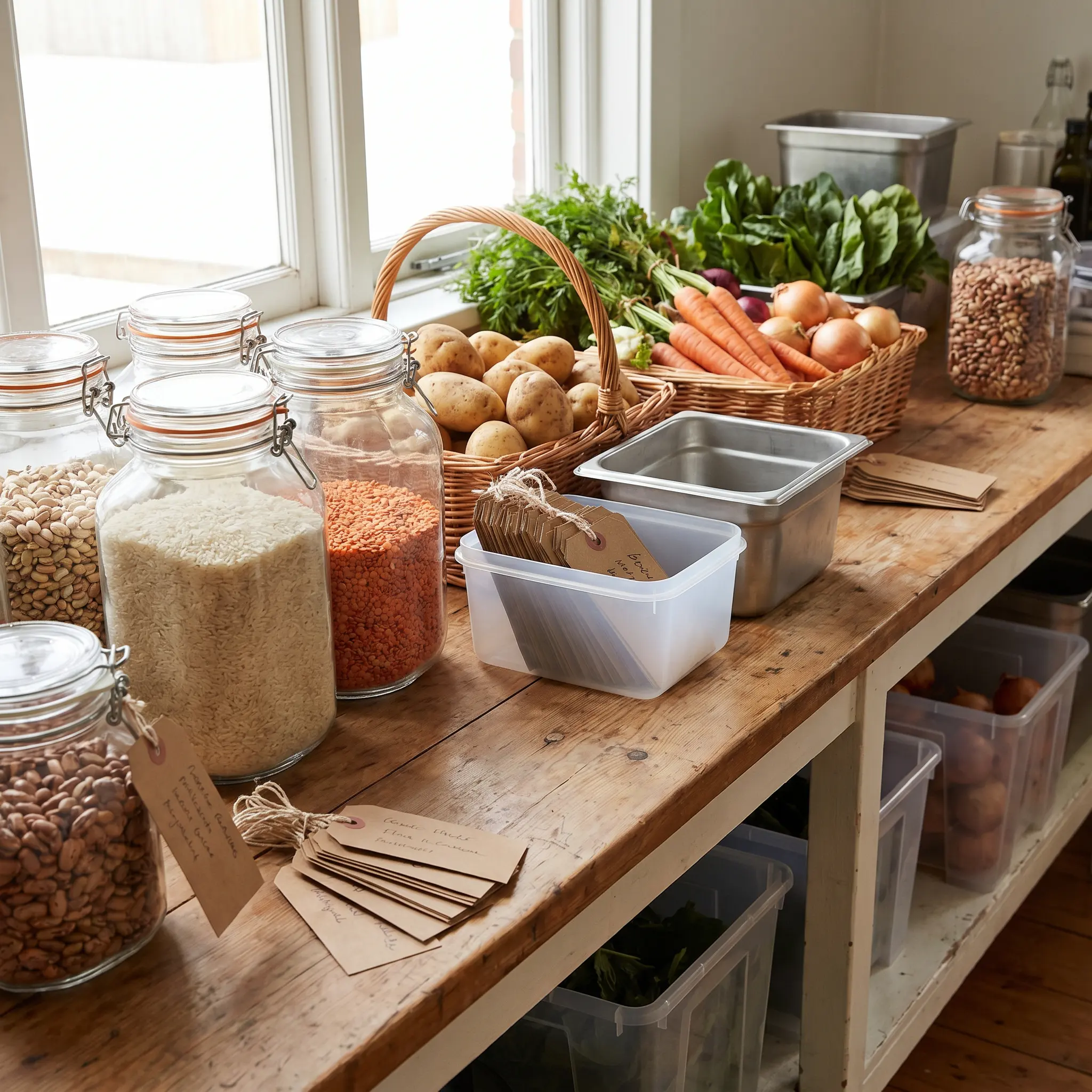 Community kitchen prep table with organized staple foods and handwritten notes