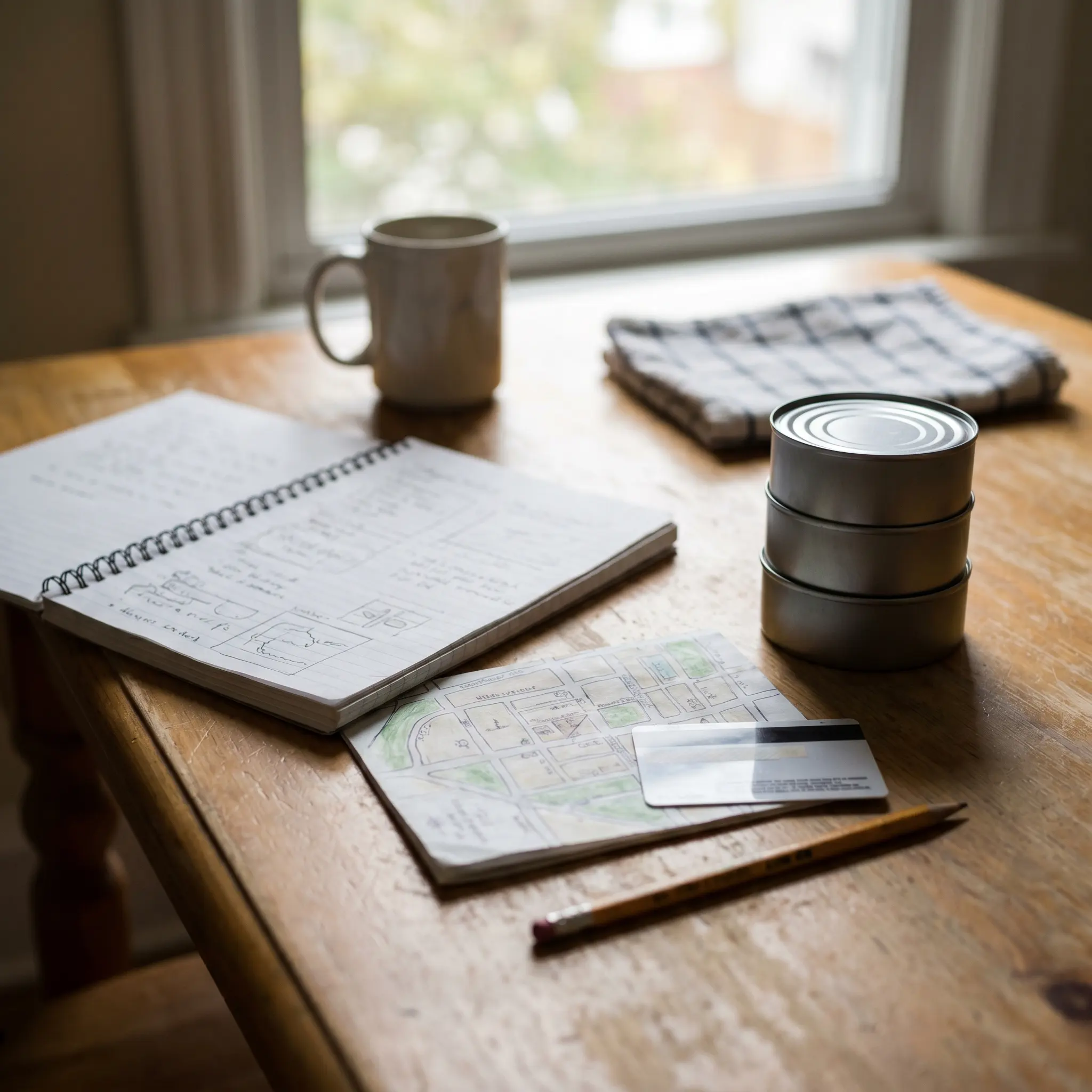 Food access notebook with shelf-stable groceries and nutrition recovery planning