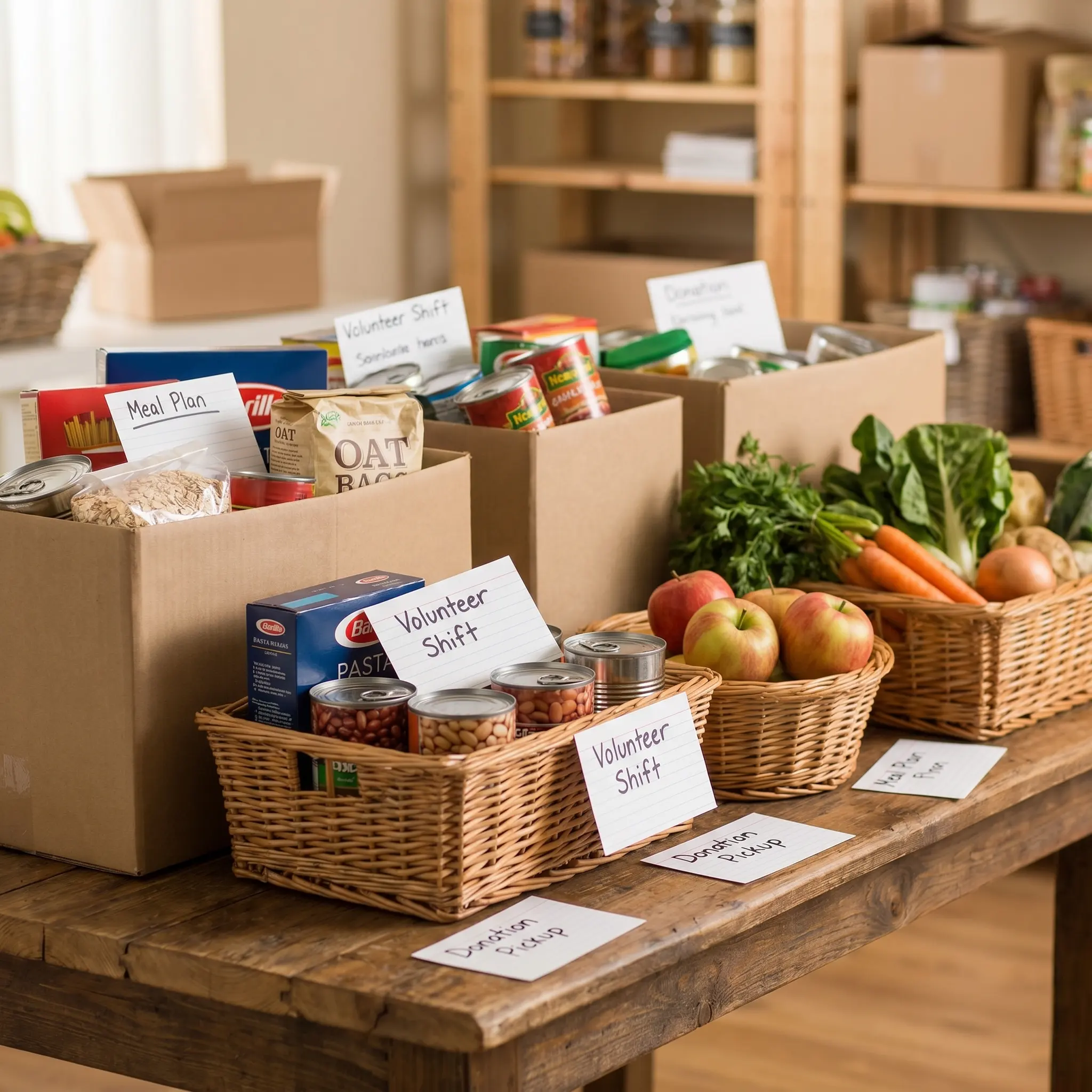 Community food boxes with produce, pantry staples, and planning labels