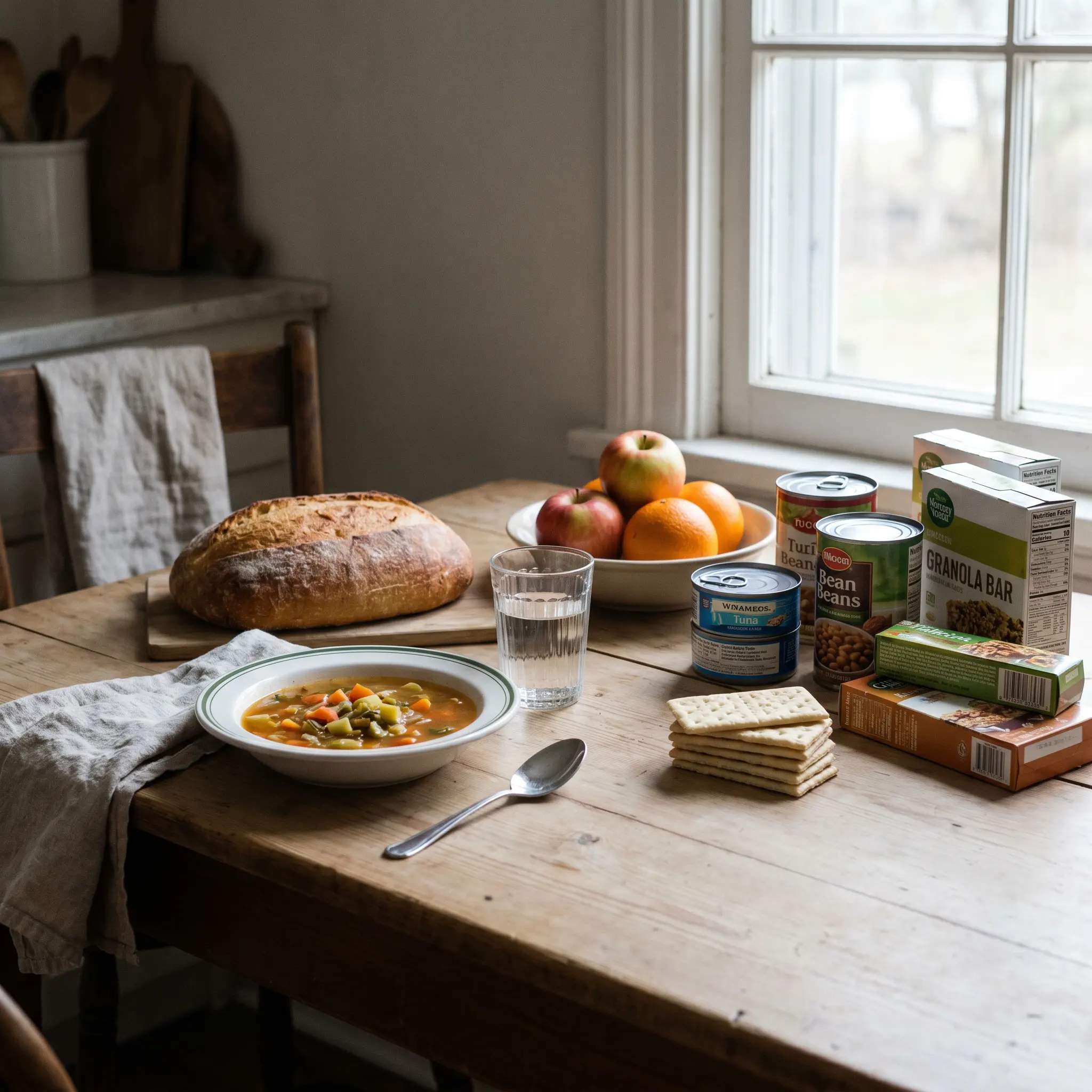 Simple emergency meal with soup, bread, water, fruit, and shelf-stable items