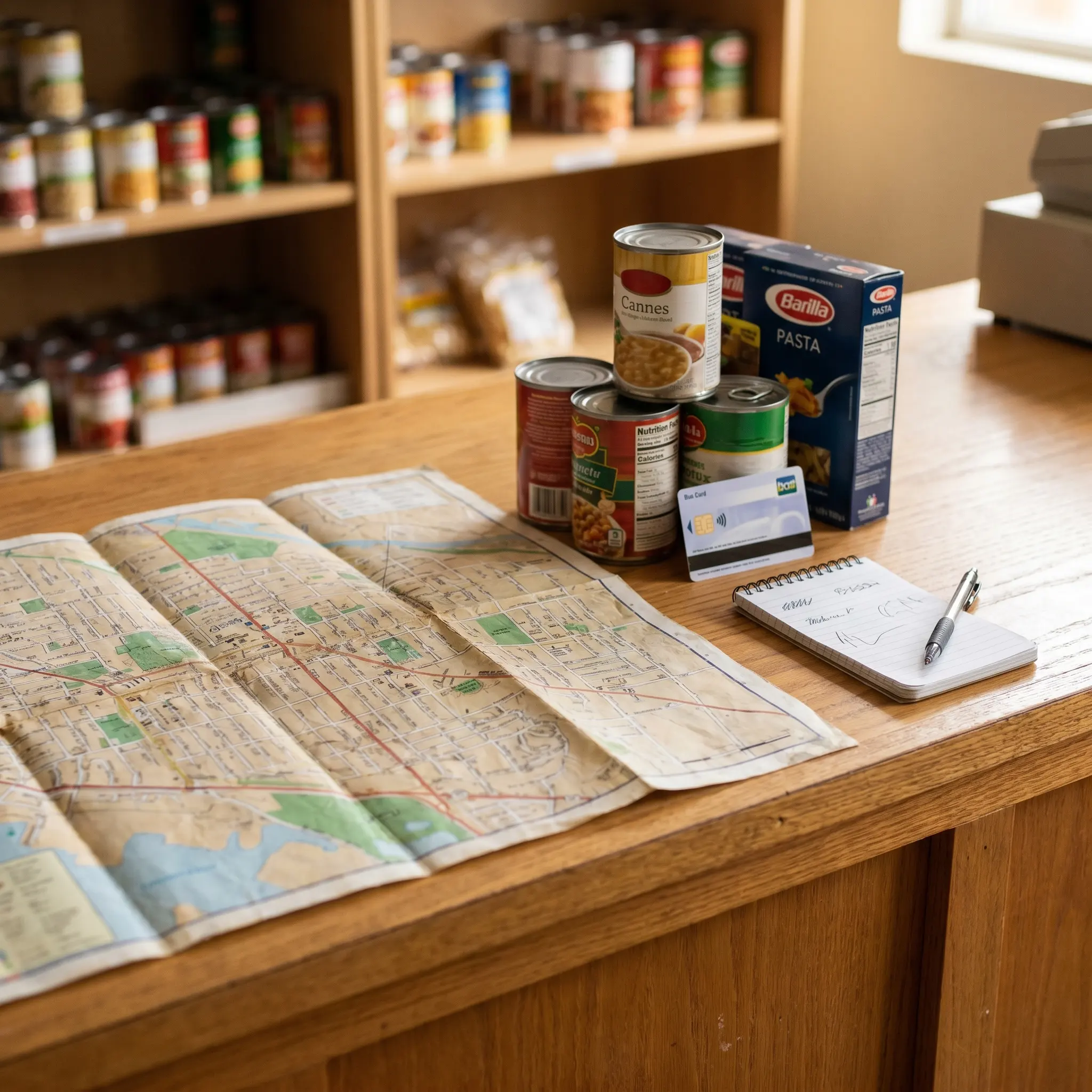 Printed neighborhood map beside pantry staples and a notepad for food access calls
