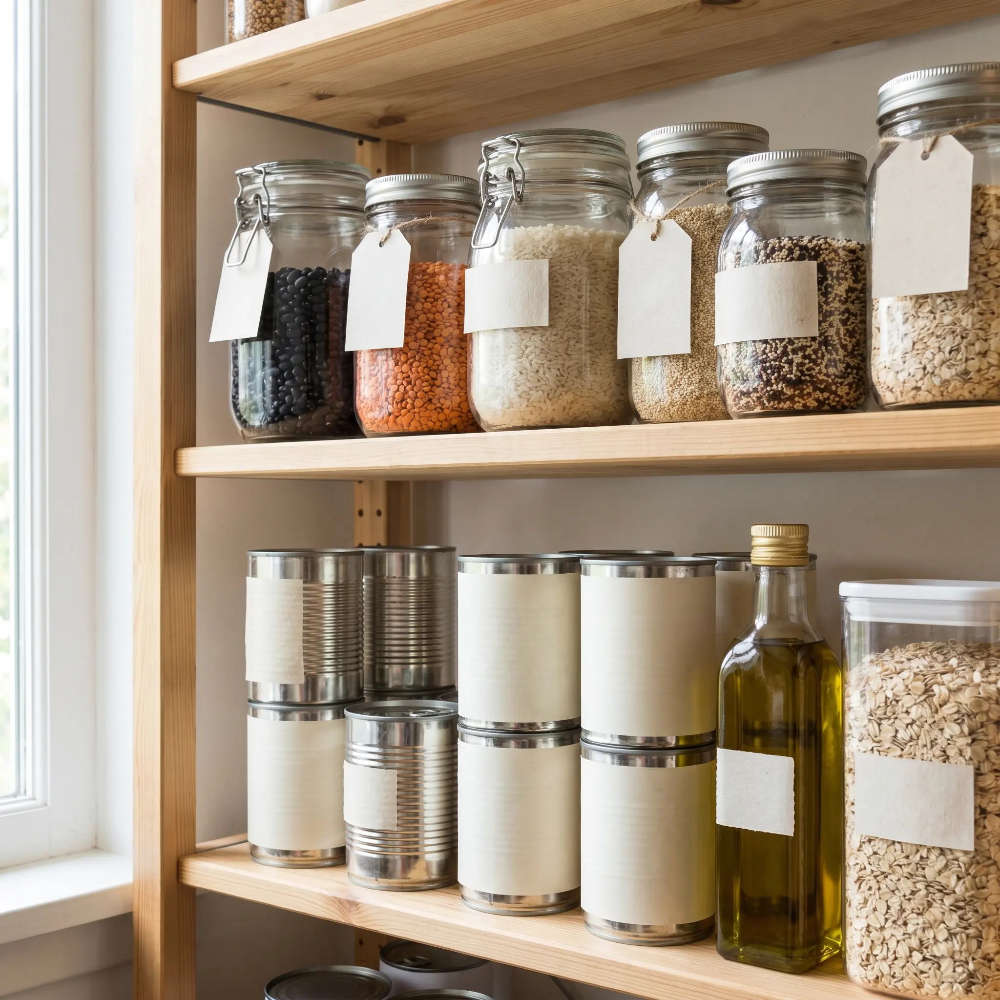 Organized pantry shelf with beans, grains, canned vegetables, and simple labels